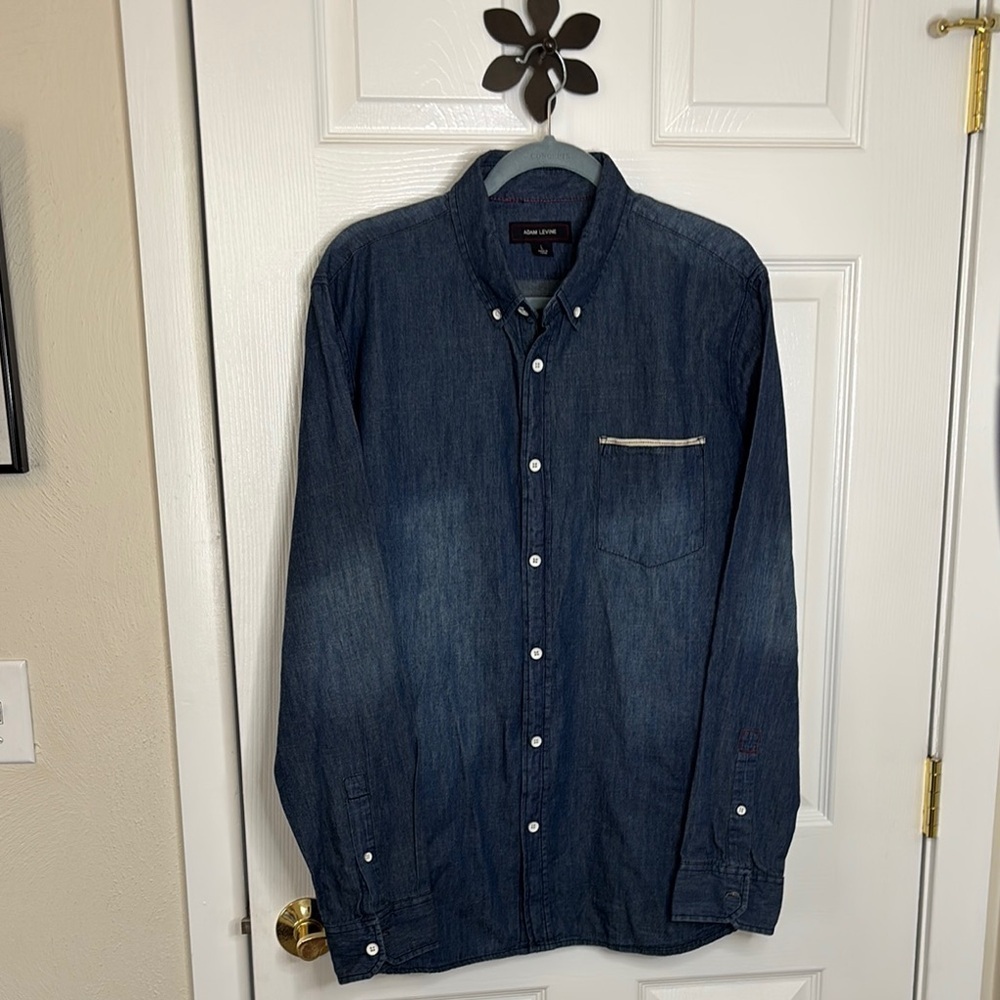 Adam Levin Men's Dark Wash Blue Denim Long Sleeve Button Down Casual Shirt Large
